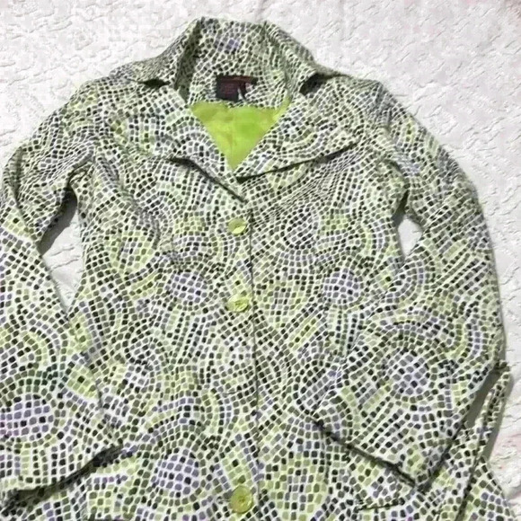 Willi Smith Jacket Size 4 Raincoat Jacket Lime Green Purple Belted Mid Length - Picture 3 of 10